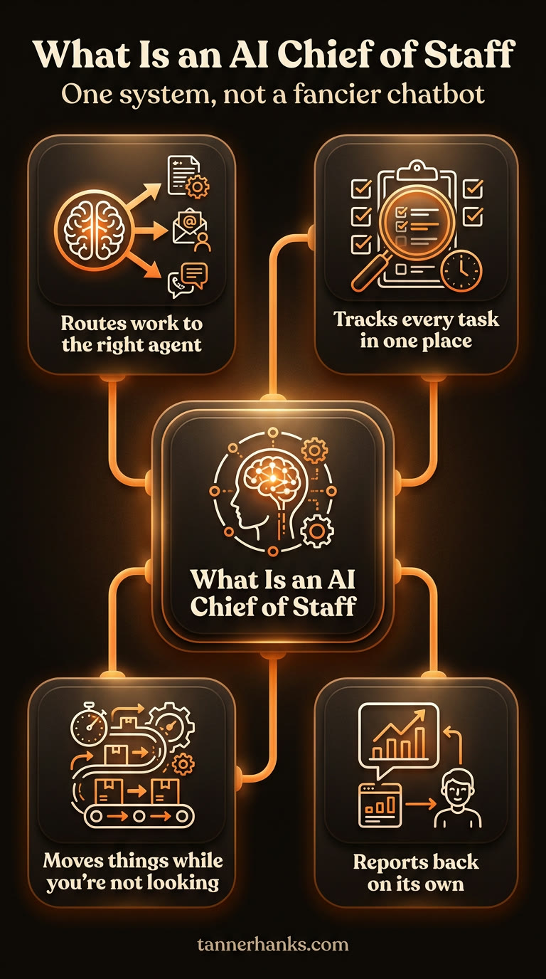 Modular hub-and-spoke infographic titled What Is an AI Chief of Staff, one system not a fancier chatbot. A glowing central brain-and-gears hub labeled What Is an AI Chief of Staff connects on lit orange lines to four rounded panels: a brain routing arrows to a document, an email, and a chat bubble labeled routes work to the right agent; a checklist and clock labeled tracks every task in one place; a conveyor belt of boxes labeled moves things while you're not looking; and a chart with a person labeled reports back on its own.