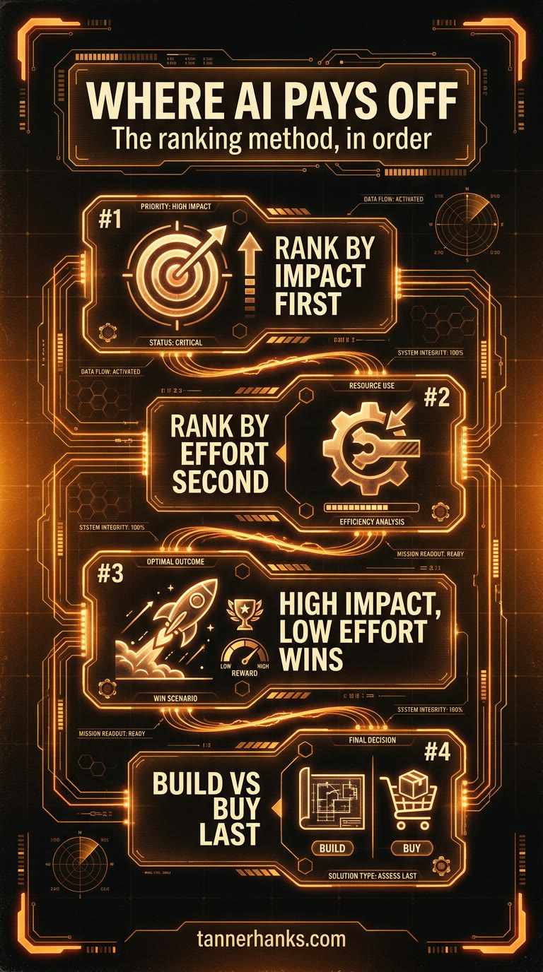 Sci-fi HUD style infographic titled Where AI Pays Off, the ranking method in order. Four glowing amber HUD modules on a dark tech-grid background, linked by circuit lines: number one, a target with an arrow, rank by impact first; number two, a gear with a wrench, rank by effort second; number three, a rocket launching with a reward trophy, high impact low effort wins; number four, a blueprint next to a shopping cart, build versus buy last.