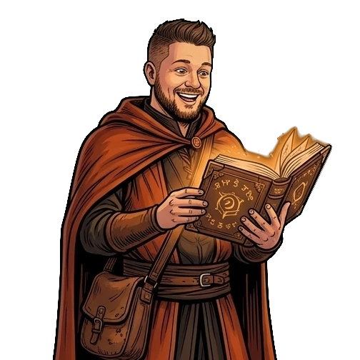 Illustrated Tanner reading a glowing tome